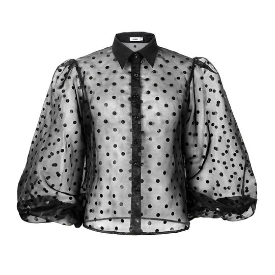 Damen Bluse mit transparenten Puffärmeln und Modellkragen EB