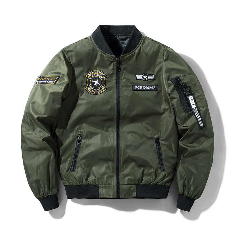 Herren  leichte wasserabweisende Flug-Bomberjacke mit gestickten Flugzeug-Patches und Seitentasche am Arm EB
