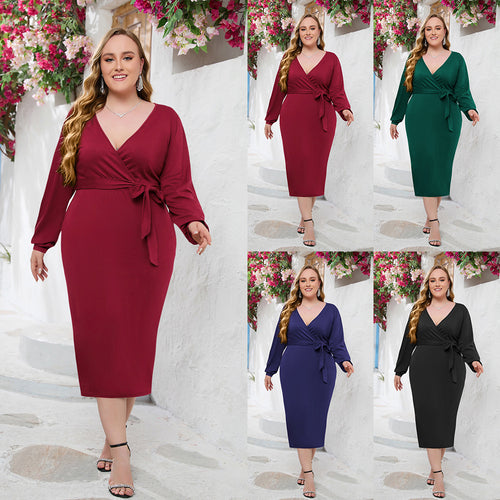 Damen Elegantes Wickelkleid mit taillierter Silhouette und langem Arm EB