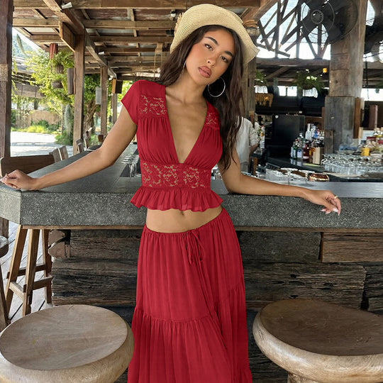 Damen Elegantes Maxikleid mit Spitzenoberteil und fließendem Saum EB