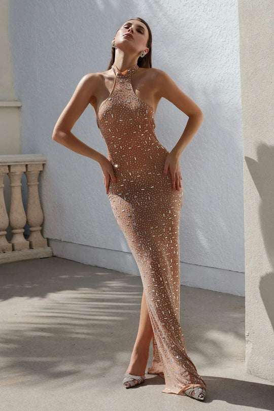 Damen elegantes bodenlanges Abendkleid mit glitzernden Akzenten und schmalem Kragen EB