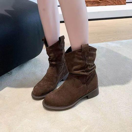 Damen Modische Stiefeletten mit lässigem Falten-Design und bequemem Blockabsatz EB