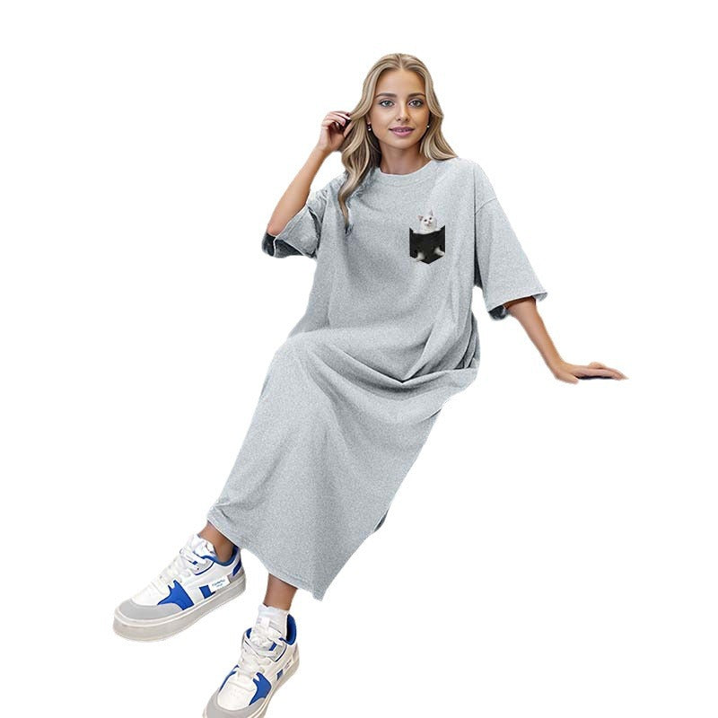 Damen nan lässiges Maxikleid Loungekleid mit Brusttasche und Katzenprint EB