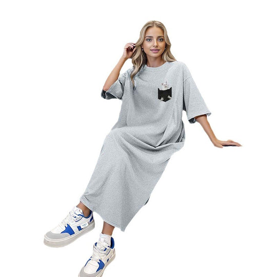 Damen nan lässiges Maxikleid Loungekleid mit Brusttasche und Katzenprint EB