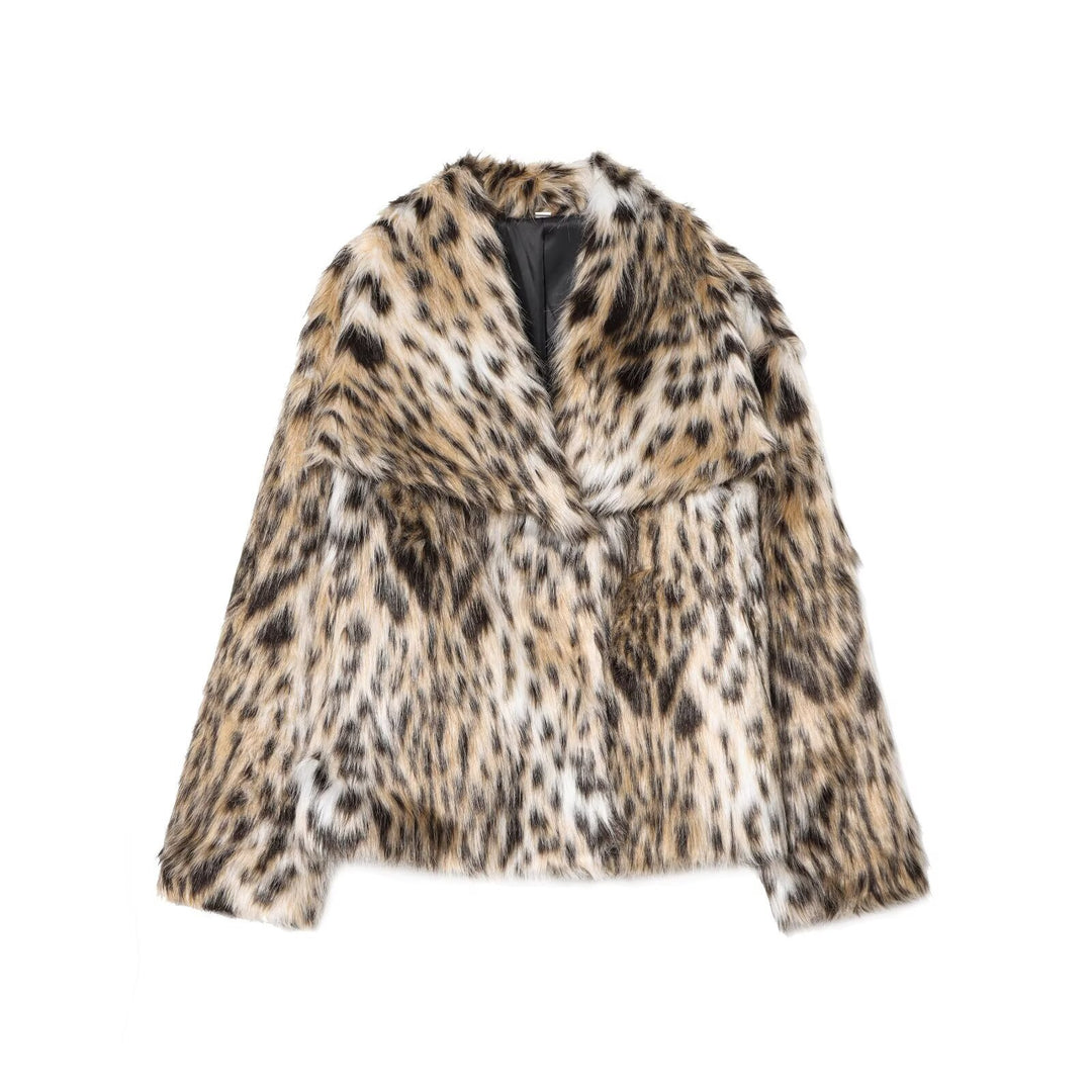 Damen nan kurze Kunstfelljacke mit Wildmuster, V-Ausschnitt und taillierter Silhouette EB