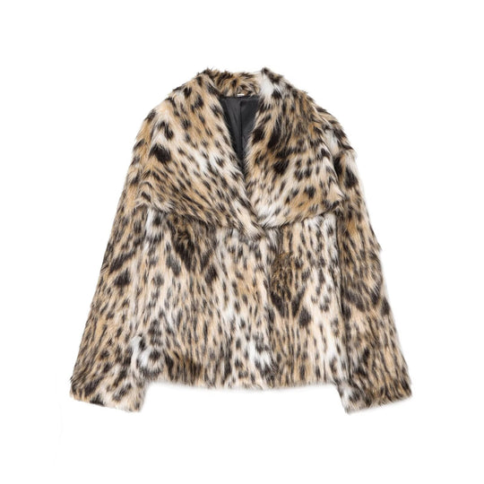 Damen nan kurze Kunstfelljacke mit Wildmuster, V-Ausschnitt und taillierter Silhouette EB