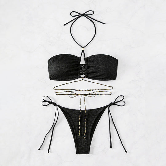 Damen Bandeau-Bikini mit dekorativem Kettenakzent und verstellbaren Bindebändern EB