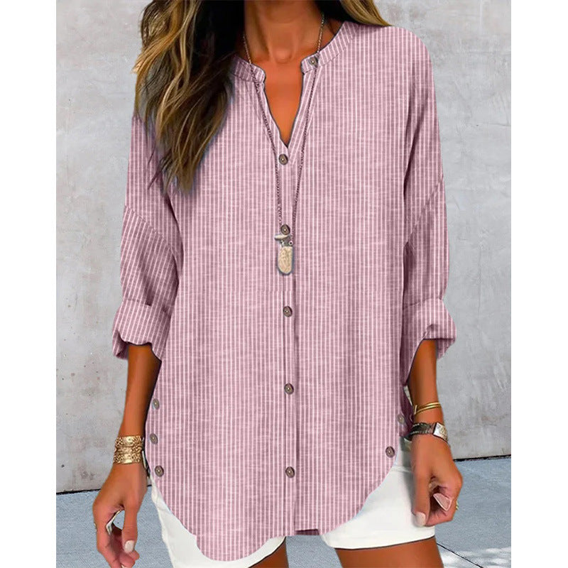 Damen Langarm Blusenshirt mit Knopfleiste und asymmetrischem Saum EB