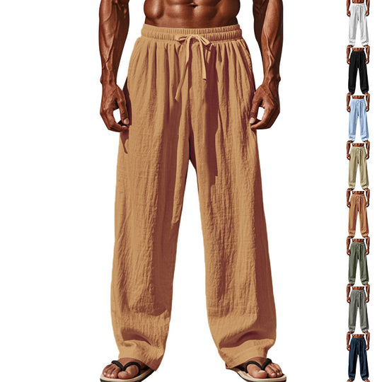 Herren nan weite Leinen-Loungehose mit elastischem Tunnelzugbund, Kordelzug und geradem Bein EB
