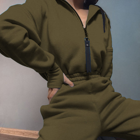 Damen taillierter Sweat-Jumpsuit mit halbem Reißverschluss, elastischem Bund und Kängurutaschen EB