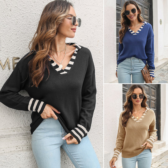 Damen Lässiger Pullover mit V-Ausschnitt und gestreiften Ärmelabschlüssen EB