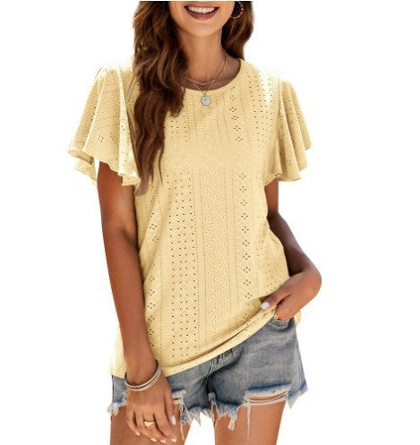 Damen Kurzärmlige Bluse mit Rüschendetails und Lochmuster EB