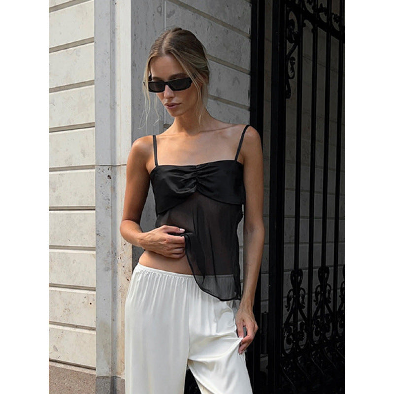 Damen Sexy Trägertop mit transparentem Stoff und raffiniertem Falten-Design EB