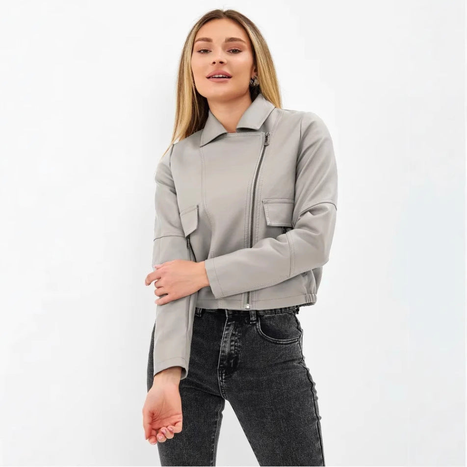 Damen cropped Kunstlederjacke mit praktischen Taschen und modernem Schnitt EB
