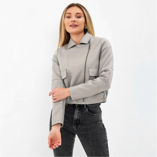 Damen cropped Kunstlederjacke mit praktischen Taschen und modernem Schnitt EB