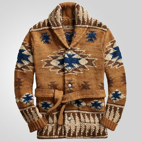 Damen Strickjacke mit beeindruckendem geometrischem Muster und integriertem Gürtel EB