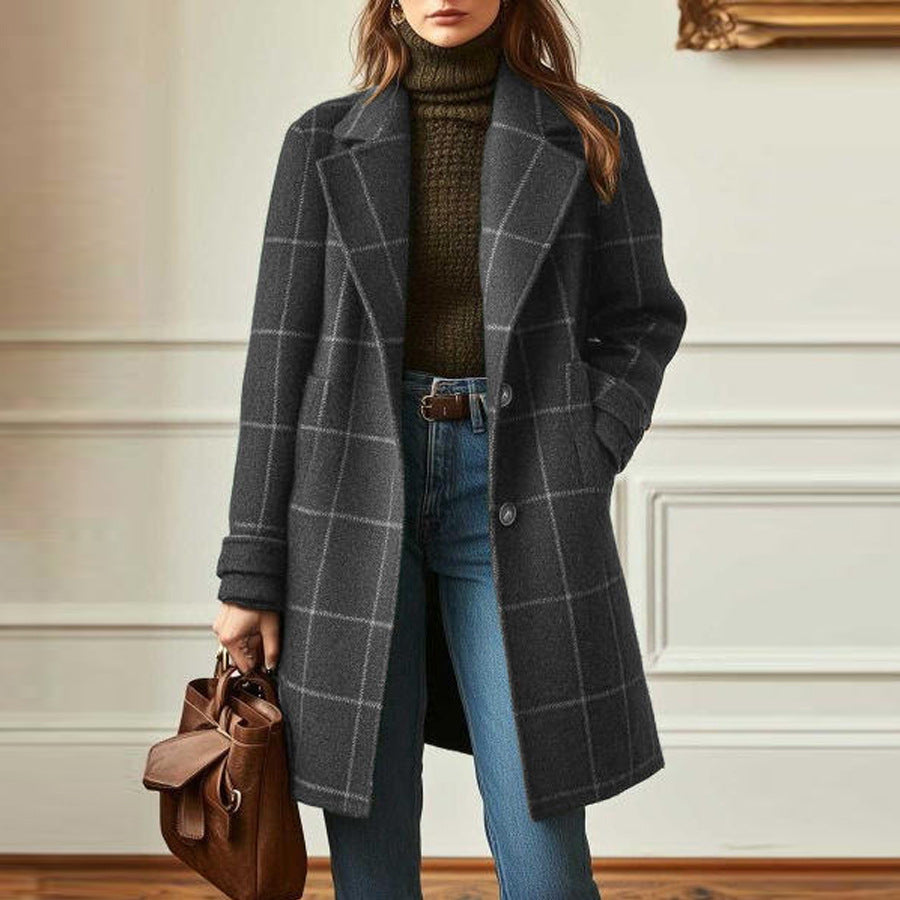 Damen nan karierter Wollmix Mantel mit Reverskragen, aufgesetzten Taschen und taillierter Silhouette EB