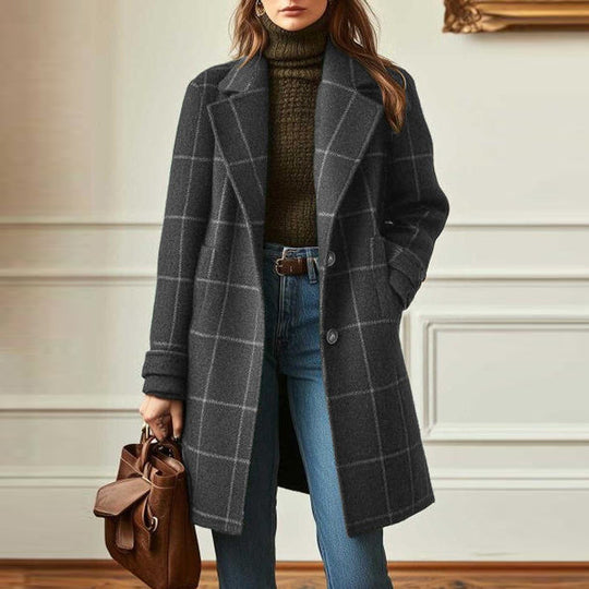 Damen nan karierter Wollmix Mantel mit Reverskragen, aufgesetzten Taschen und taillierter Silhouette EB