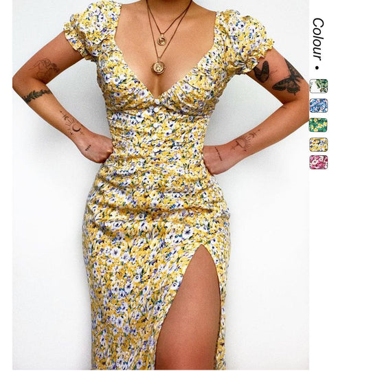 Damen Elegantes Maxikleid mit herzförmigem Ausschnitt und floralen Details EB