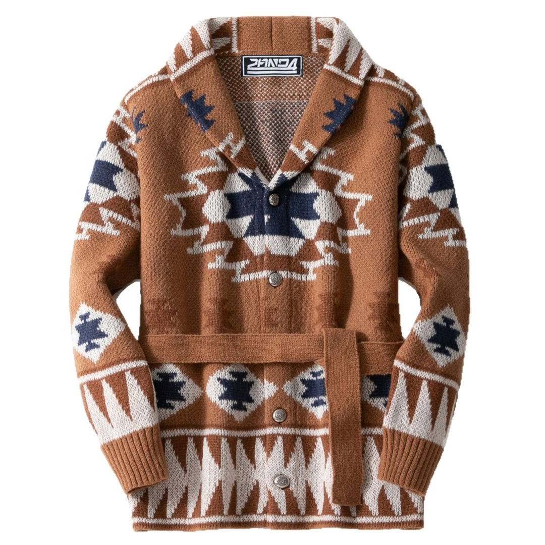 Damen Strickjacke mit geometrischem Muster und Gürtel EB