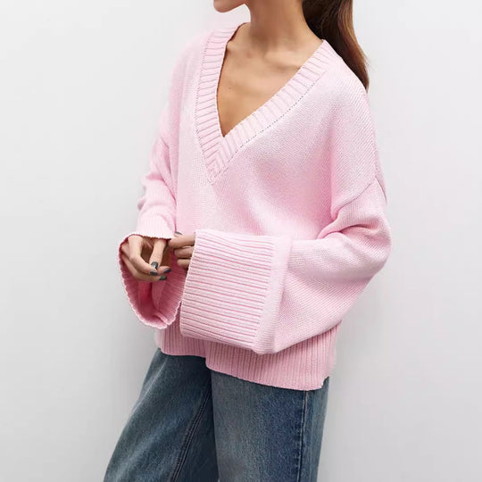 Damen Strickpullover mit tiefem V-Ausschnitt und lässigem Schnitt EB