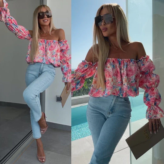 Damen Off-Shoulder Bluse mit Rüschendetails und floralen Mustern EB