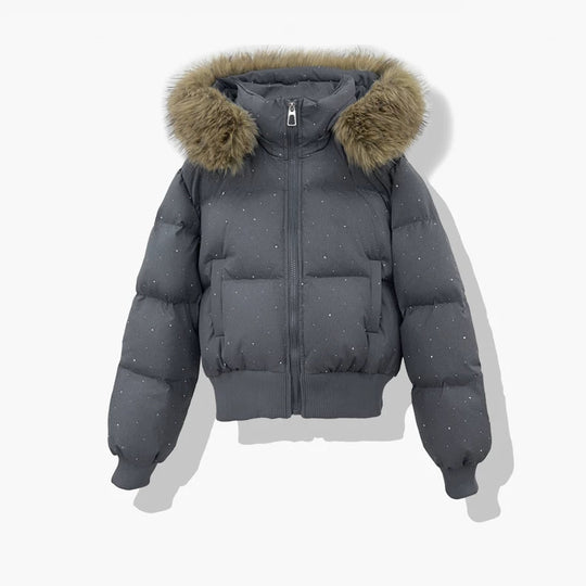 Damen nan kurzer gesteppter Pufferblouson mit feinem Strassbesatz, abnehmbarer Webpelzkapuze und elastischem Saum EB