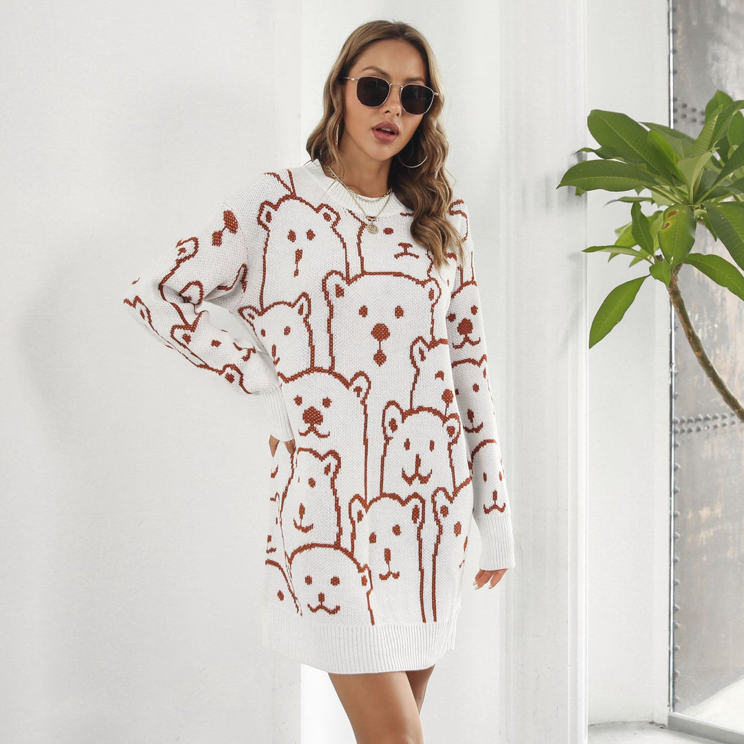 Damen Oversized Pullover mit fröhlichem Bärenmotiv EB