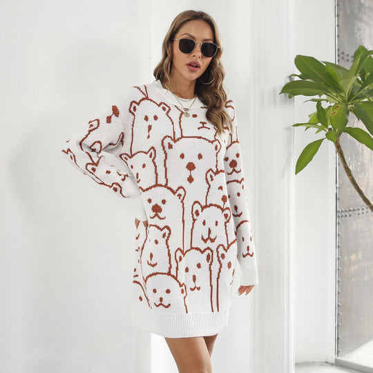 Damen Oversized Pullover mit fröhlichem Bärenmotiv EB