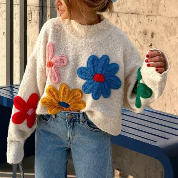 Damen Boxy-Strickpullover mit bunten 3D-Blumenapplikationen EB