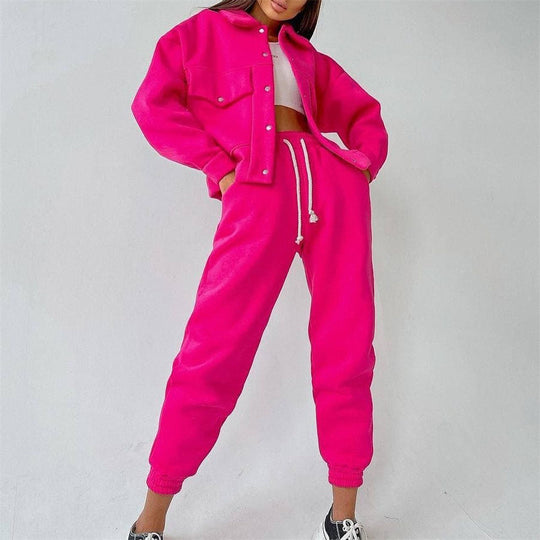 Damen lässiges Fleece-Set mit praktischer Jacke und bequemen Jogginghosen EB