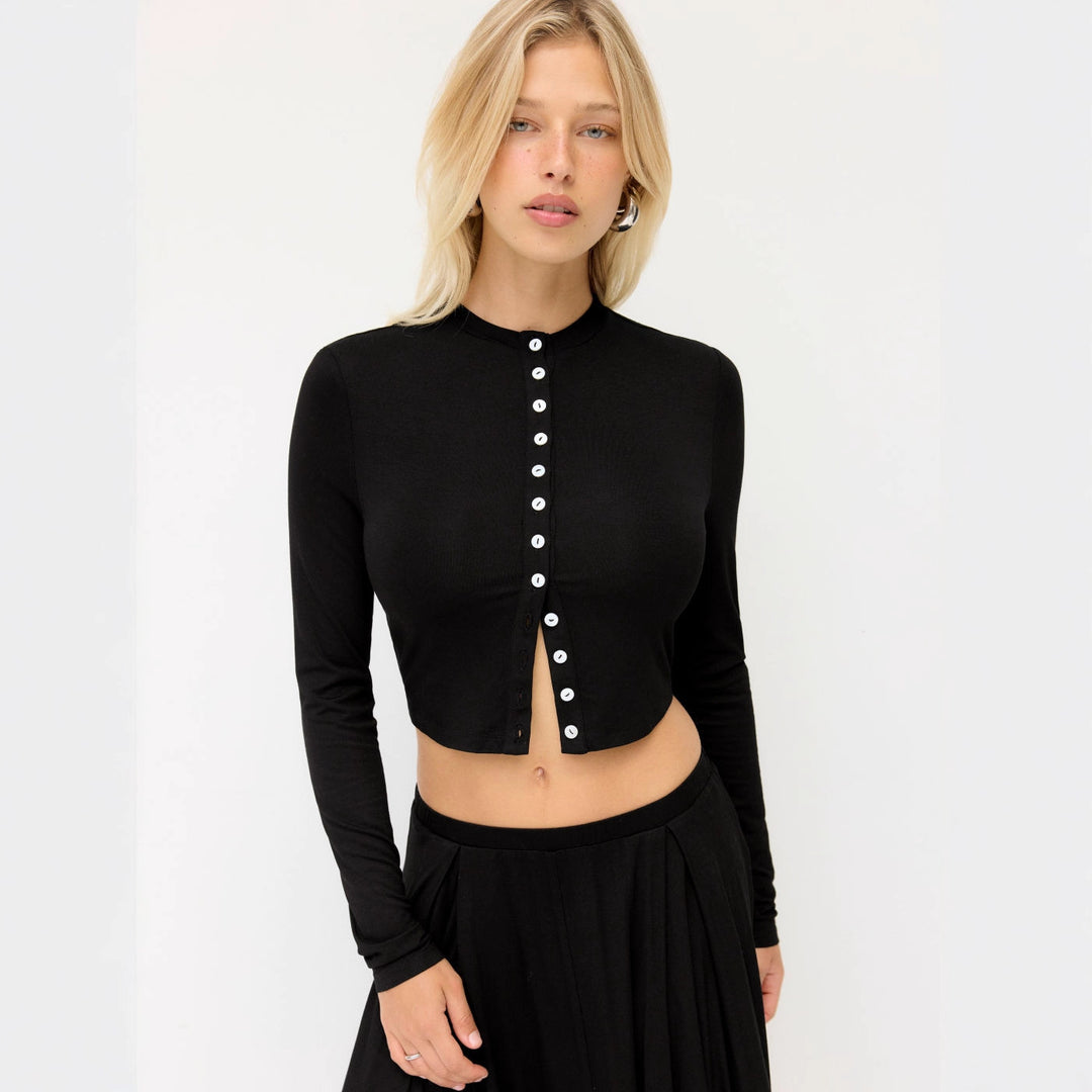 Damen Cropped-Cardigan mit Perlmuttknöpfen und asymmetrischem Zipfel-Midirock EB