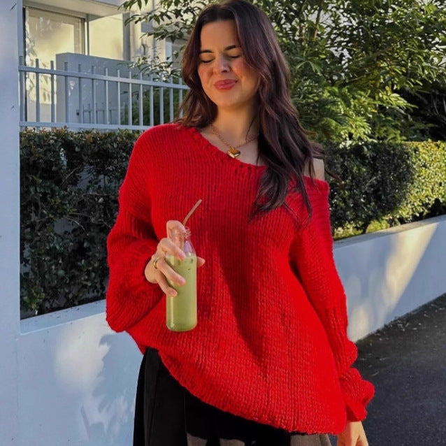Damen oversized Strickpullover mit offenen Schultern und voluminösen Ärmeln EB