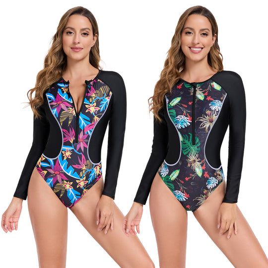Damen Rashguard mit langem Arm und buntem Pflanzenmuster EB