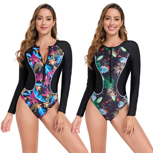 Damen Rashguard mit langem Arm und buntem Pflanzenmuster EB