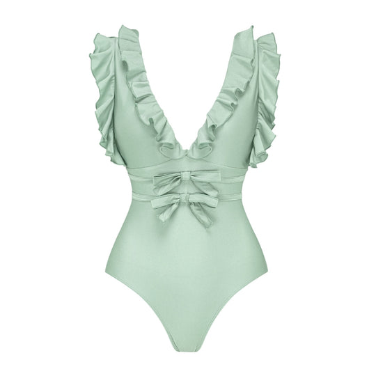 Damen Badeanzug mit voluminösen Rüschen und elegantem Maxirock EB