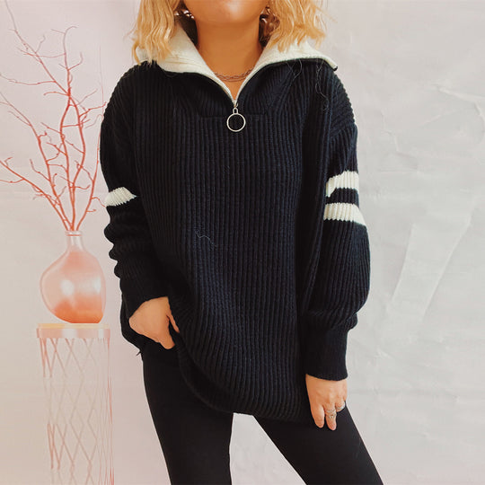 Damen lässiger Pullover im sportlichen Stil mit Stehkragen und Reißverschluss EB