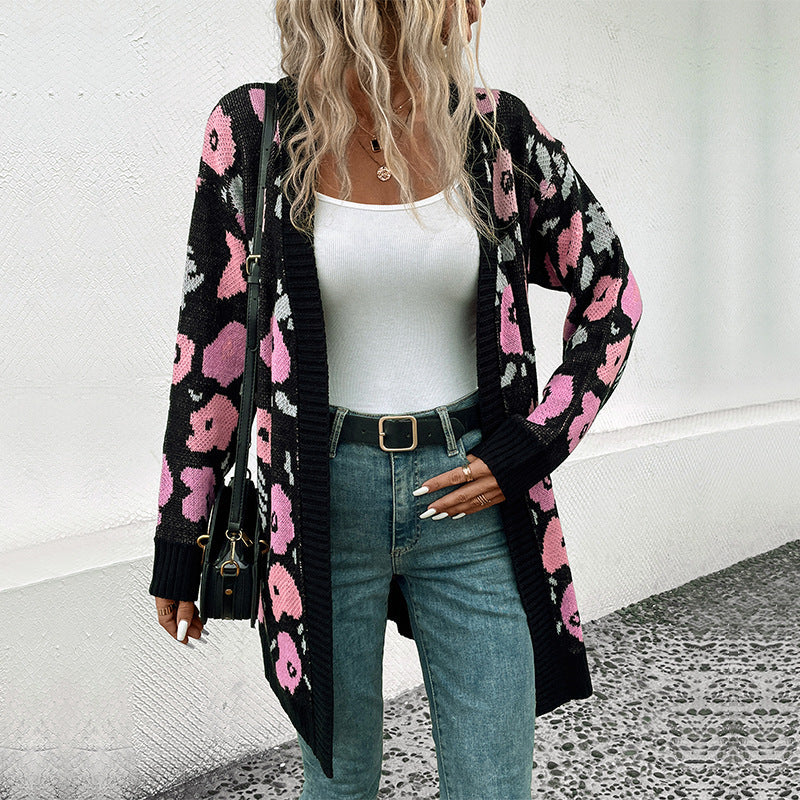 Damen Strickjacke mit floralem Muster und offenem Schnitt EB