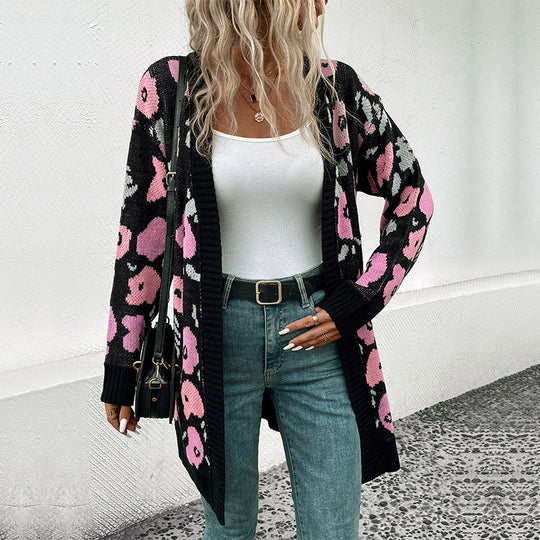 Damen Strickjacke mit floralem Muster und offenem Schnitt EB