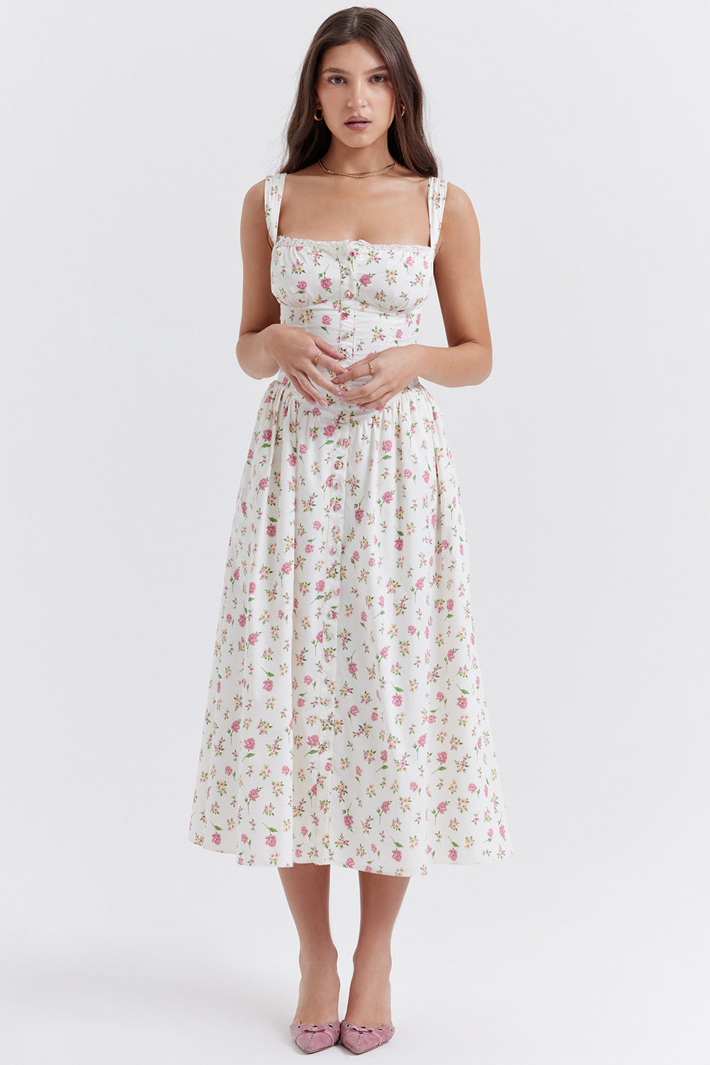Damen Sommerliches Maxikleid mit floralen Einsätzen und tailliertem Oberteil EB
