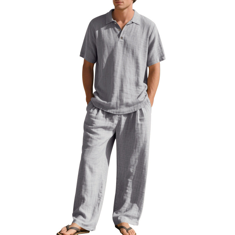Herren nan luftiges Leinen-Ensemble mit Polokragen und regulierbarer Bundhose EB