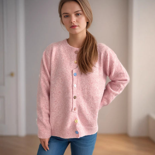 Damen kuschelige Strickjacke mit bunten Knopfdetails EB