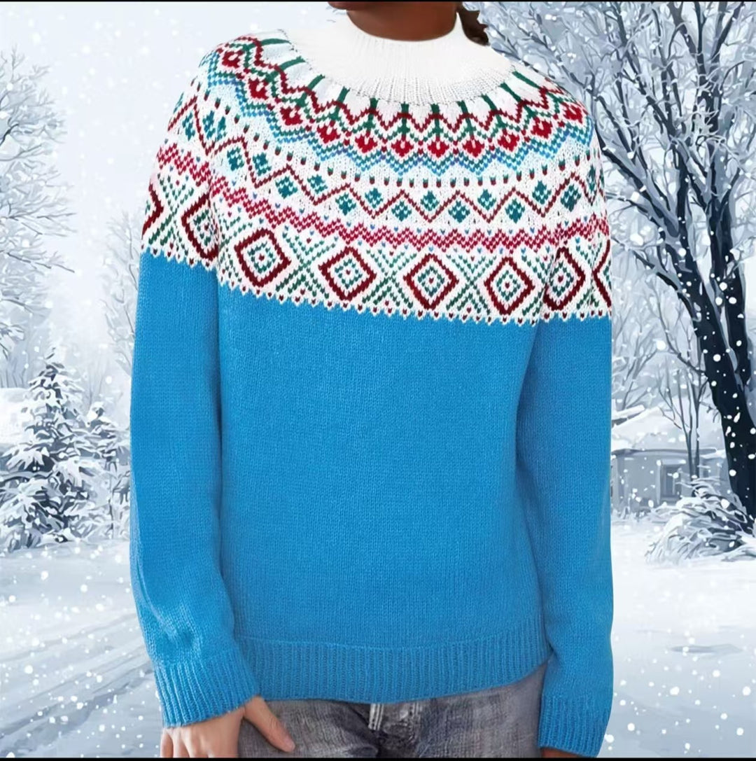 Damen nan melierter Rundhalsausschnittpullover mit kreisförmigem Jacquard-Yoke und geripptem Saum EB