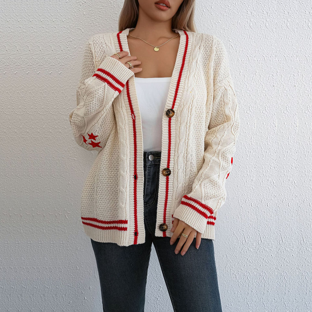 Damen Strickjacke mit Zopfdetails und Kontraststreifen EB