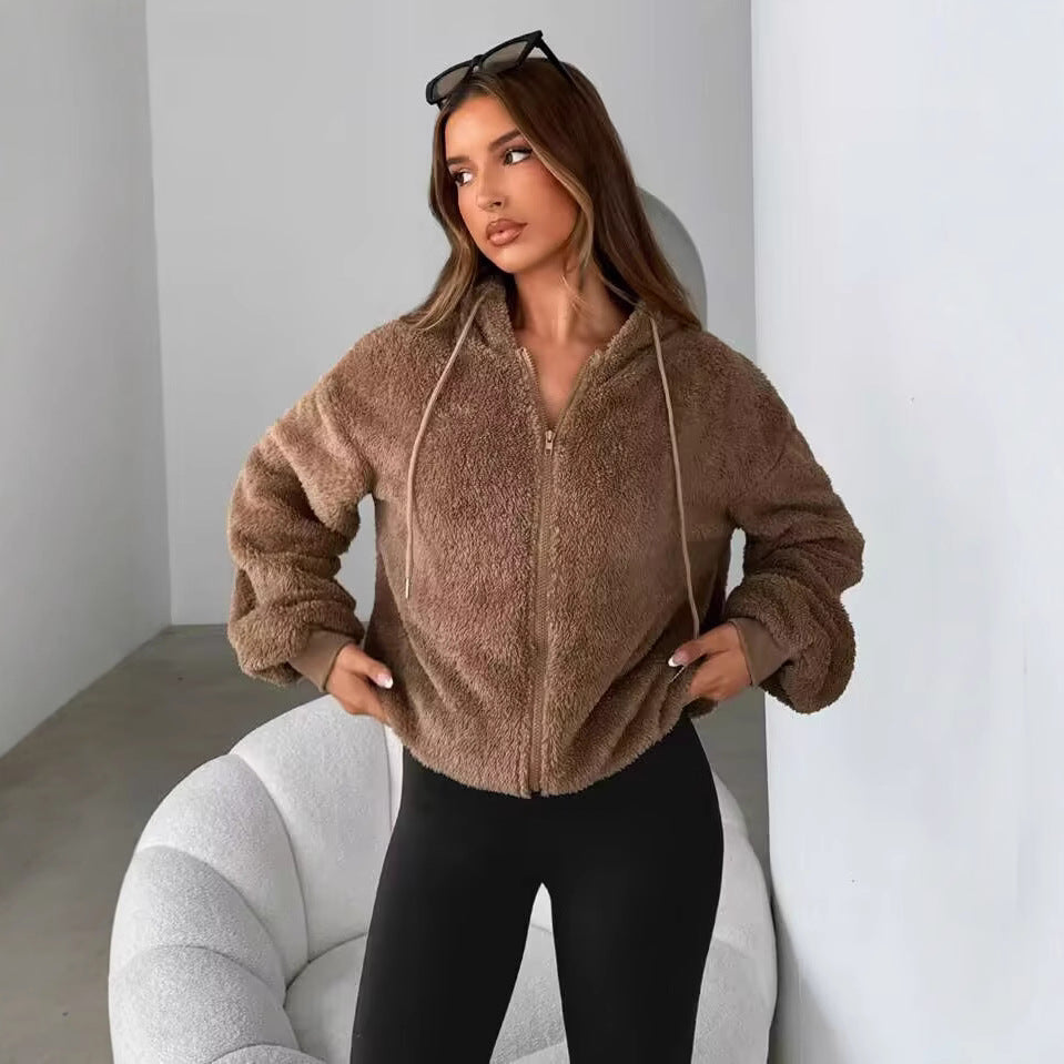 Damen Teddy-Fleecejacke mit Kapuze und elastischen Bündchen EB