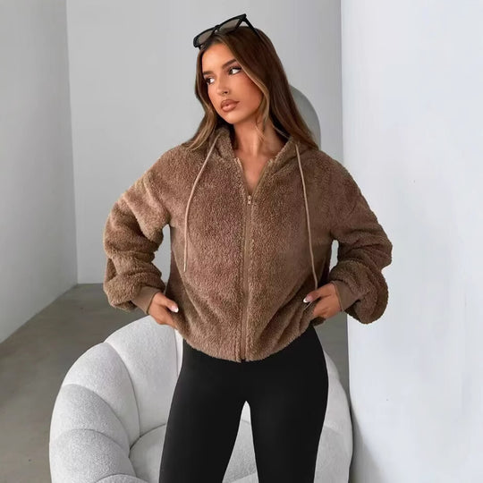 Damen Teddy-Fleecejacke mit Kapuze und elastischen Bündchen EB