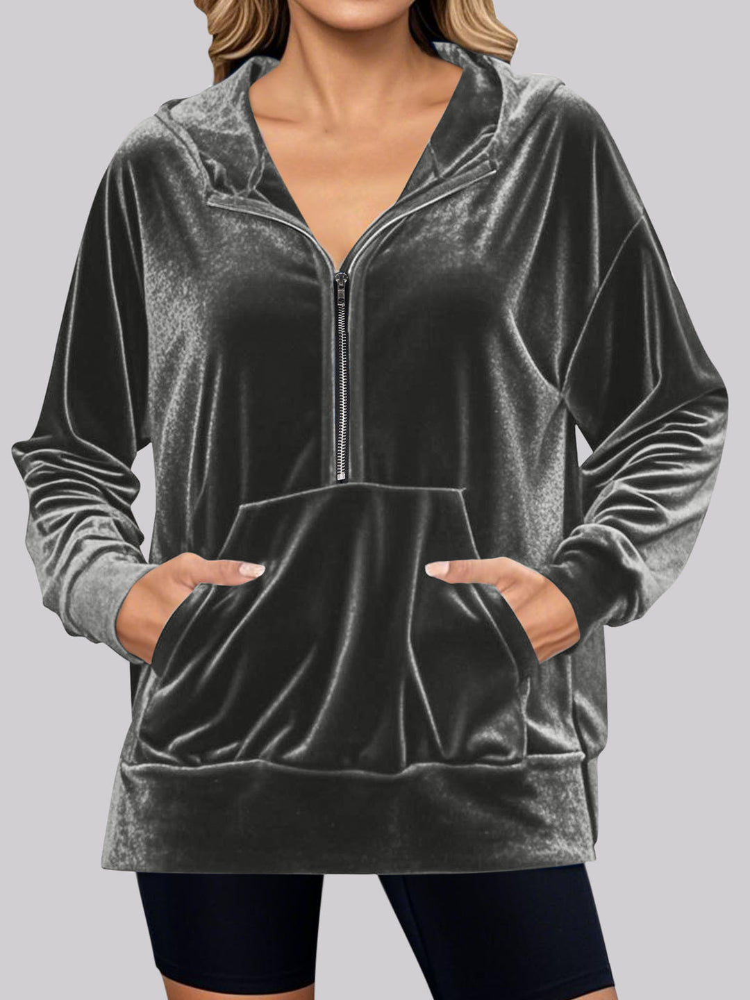 Damen kuscheliges Fleece-Hoodie mit praktischen Taschen und halbem Reißverschluss EB