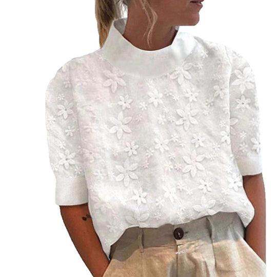 Damen nan leichte bestickte Bluse mit Stehkragen und dreidimensionaler Blütenapplikation EB