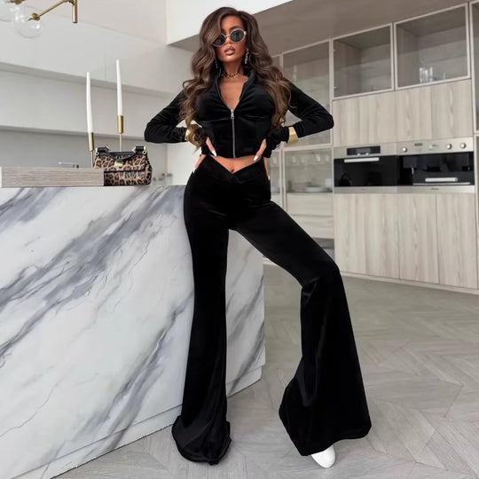 Damen Samt-Cropped-Set mit Reißverschlussjacke und V-förmiger taillenhoher Schlaghose EB