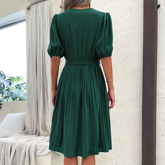 Damen elegantes Wickelkleid mit voluminösen Ärmeln und gerafftem Rock EB